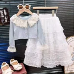 Korean Style Full Sleeves Girls' Lace Blouse + Flare Skirt Clothing Set - Image 3