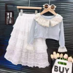 Korean Style Full Sleeves Girls' Lace Blouse + Flare Skirt Clothing Set - Image 2