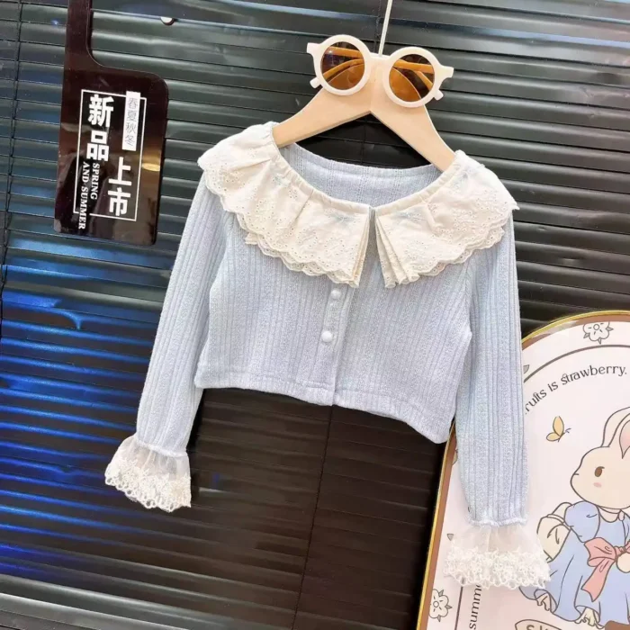 Korean Style Full Sleeves Girls' Lace Blouse + Flare Skirt Clothing Set - Image 5