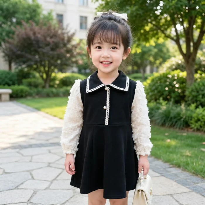 Korean Style Long Sleeves Princess Dress for Baby Girls- Black Dress - Image 2