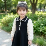 Korean Style Long Sleeves Princess Dress for Baby Girls- Black Dress - Image 3