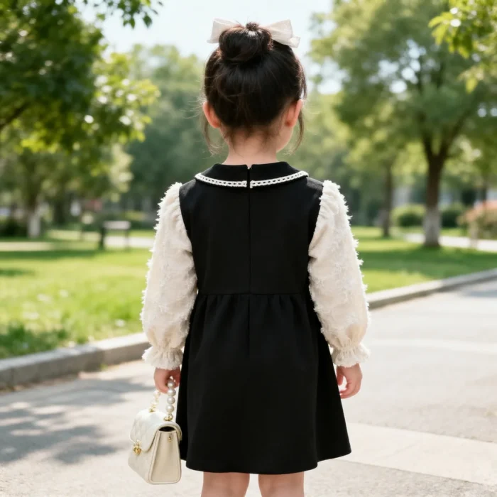 Korean Style Long Sleeves Princess Dress for Baby Girls- Black Dress - Image 4