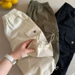 Kids Solid Color Drawstring Cargo Pants with Pockets - Image 2