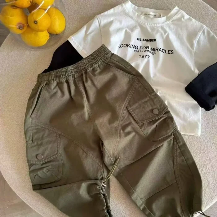 Kids Solid Color Drawstring Cargo Pants with Pockets - Image 5