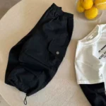 Kids Solid Color Drawstring Cargo Pants with Pockets - Image 3