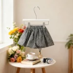 Korean Girls' Summer 2-Piece Set – Gray Solid Vest & Checkered Skirt Shorts Outfit - Image 5