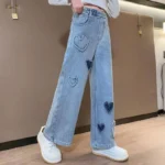 Girls' Casual Wide Leg Denim Pants – Heart Patched Design - Image 3