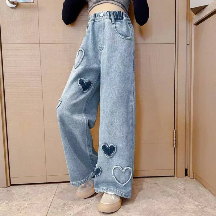Girls' Casual Wide Leg Denim Pants – Heart Patched Design - Image 4