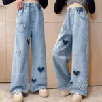 Girls' Casual Wide Leg Denim Pants – Heart Patched Design - Image 2