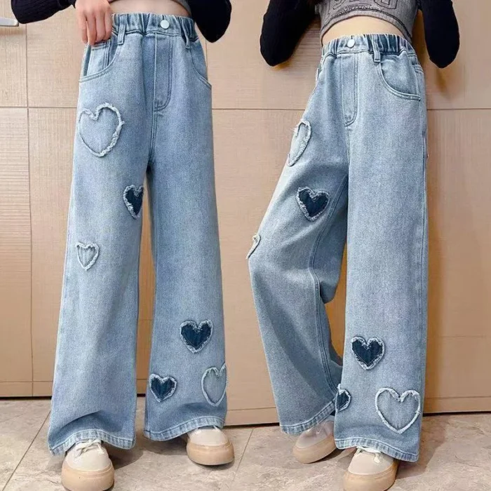 Girls' Casual Wide Leg Denim Pants – Heart Patched Design - Image 2