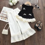 Baby Girls' Sleeveless Bow Top with Lace Trim Flare Pants Set - 2pcs Set Outfit