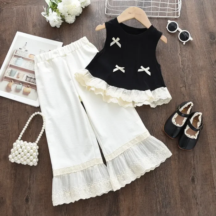 Baby Girls' Sleeveless Bow Top with Lace Trim Flare Pants Set - 2pcs Set Outfit - Image 2