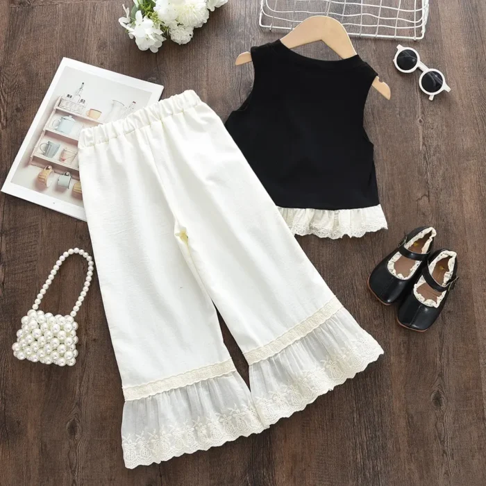 Baby Girls' Sleeveless Bow Top with Lace Trim Flare Pants Set - 2pcs Set Outfit - Image 4