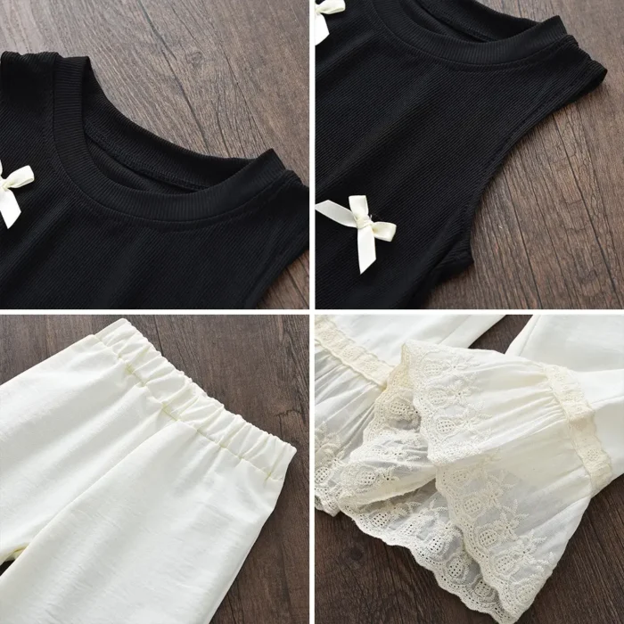 Baby Girls' Sleeveless Bow Top with Lace Trim Flare Pants Set - 2pcs Set Outfit - Image 3