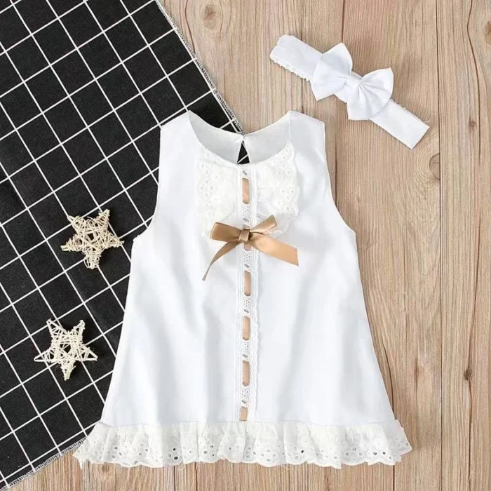 Baby Girl Sleeveless lace trimmed Bow Dress with Matching Headband - Image 3