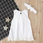 Baby Girl Sleeveless lace trimmed Bow Dress with Matching Headband - Image 2