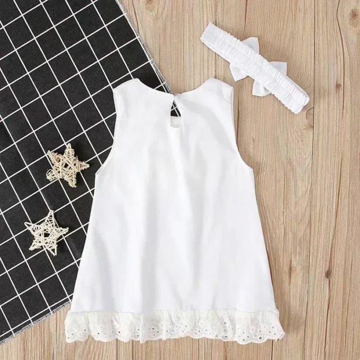 Baby Girl Sleeveless lace trimmed Bow Dress with Matching Headband - Image 2