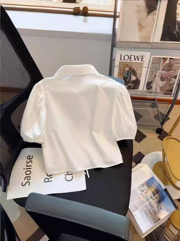 Girls' Cotton Puff Sleeve Blouse with Bows – Casual Solid Top - Image 3