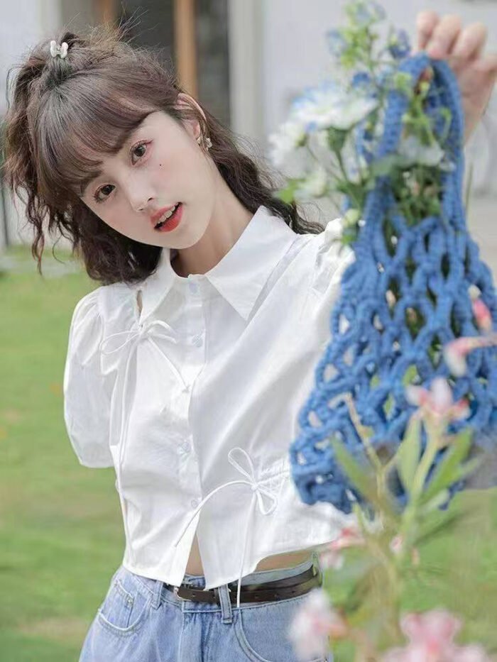 Girls' Cotton Puff Sleeve Blouse with Bows – Casual Solid Top - Image 2