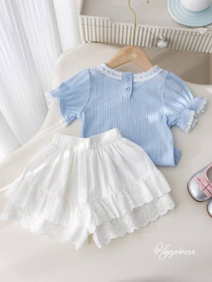 Girls Summer Lace Short Sleeve T-Shirt & Skirt Pants Two-Piece Set – Baby Fashion Outfit - Image 3