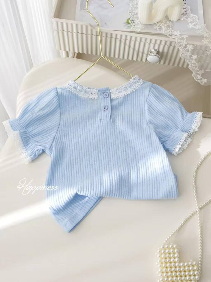 Girls Summer Lace Short Sleeve T-Shirt & Skirt Pants Two-Piece Set – Baby Fashion Outfit - Image 4