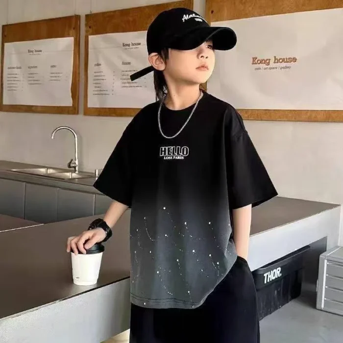 New Fashion Black Shaded Boys' Printed T-Shirt and Shorts Outfit – 2PCS Kids Clothing Set - Image 3