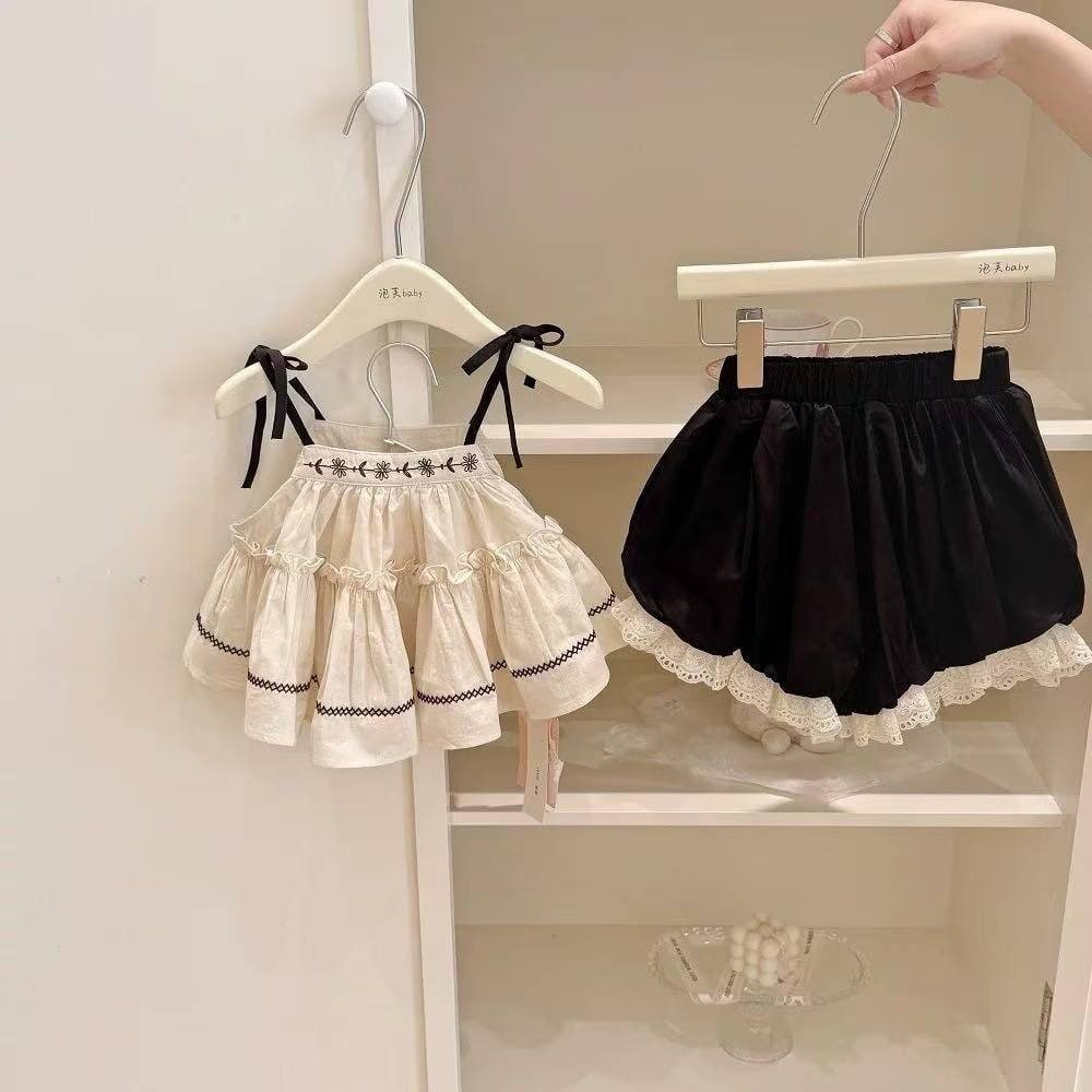 MRG-040 (1) Chic Summer Co-Ord Set – Embroidered Beige Top & Lace-Trim Black Shorts - Image 1