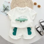 White Kids Boys' 3D Dinosaur Alphabet Embroidery T-Shirt & Shorts Set
