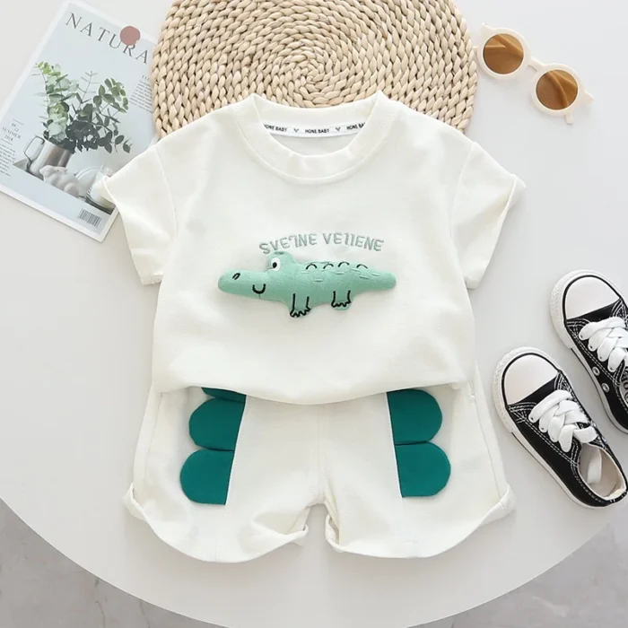 White Kids Boys' 3D Dinosaur Alphabet Embroidery T-Shirt & Shorts Set - Image 3
