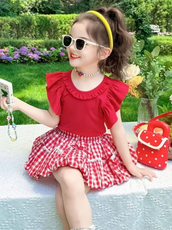 Girls' Summer Outfit – Ruffle Top and Plaid Skirt Set - Red Dress for Girls - Image 4