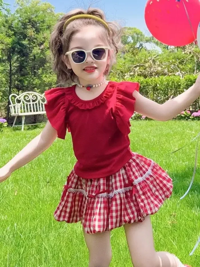 Girls' Summer Outfit – Ruffle Top and Plaid Skirt Set - Red Dress for Girls - Image 2