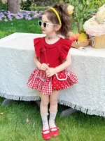 Girls' Summer Outfit – Ruffle Top and Plaid Skirt Set - Red Dress for Girls