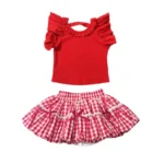 Girls' Summer Outfit – Ruffle Top and Plaid Skirt Set - Red Dress for Girls - Image 5