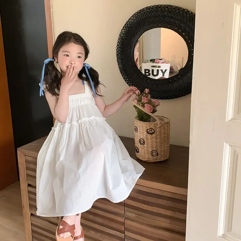 MRG-08-8 (2) Girls' Sweet Style Strap Long Dress with Ruffle Sleeves - Image 1