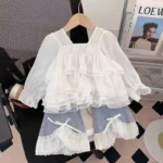 Korean fashion Girls' Elegant Lace Blouse with Denim Jeans Set