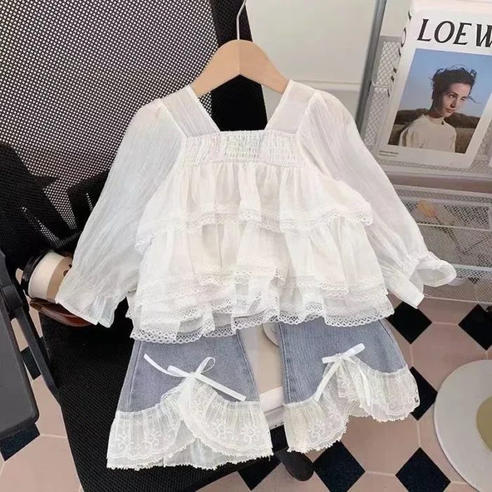Korean fashion Girls' Elegant Lace Blouse with Denim Jeans Set - Image 4