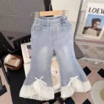 Korean fashion Girls' Elegant Lace Blouse with Denim Jeans Set - Image 3