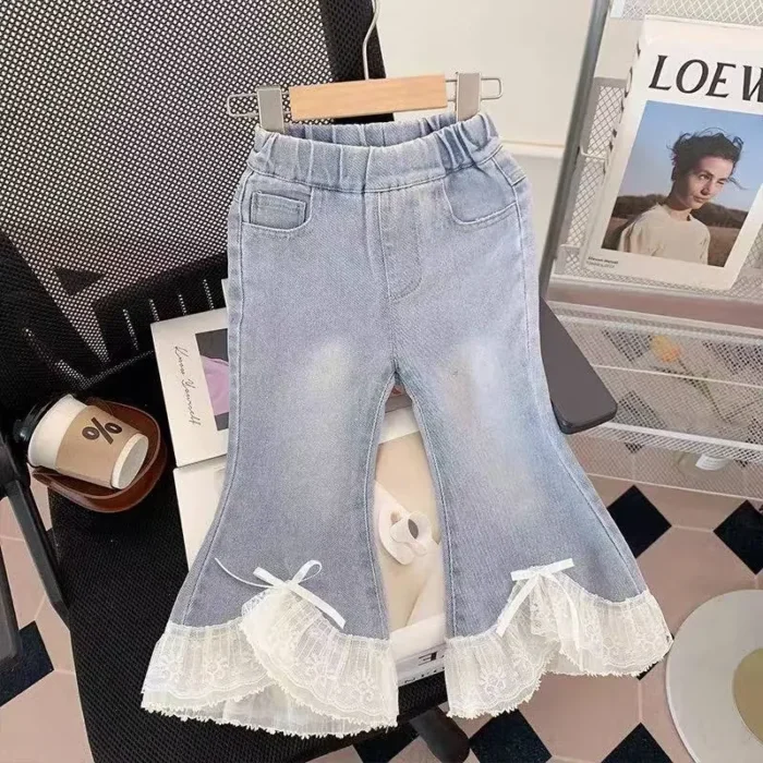 Korean fashion Girls' Elegant Lace Blouse with Denim Jeans Set - Image 3