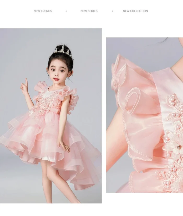 Kids Girls Sleeveless Ruffled Net layered Princess Party Dress Catwalk Performance Dress - Image 3