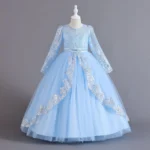 Lake Blue Full Sleeves Children's Princess Party Long Dress Gown for Wedding and events