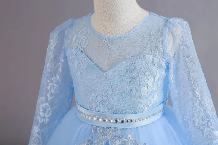 Lake Blue Full Sleeves Children's Princess Party Long Dress Gown for Wedding and events - Image 4