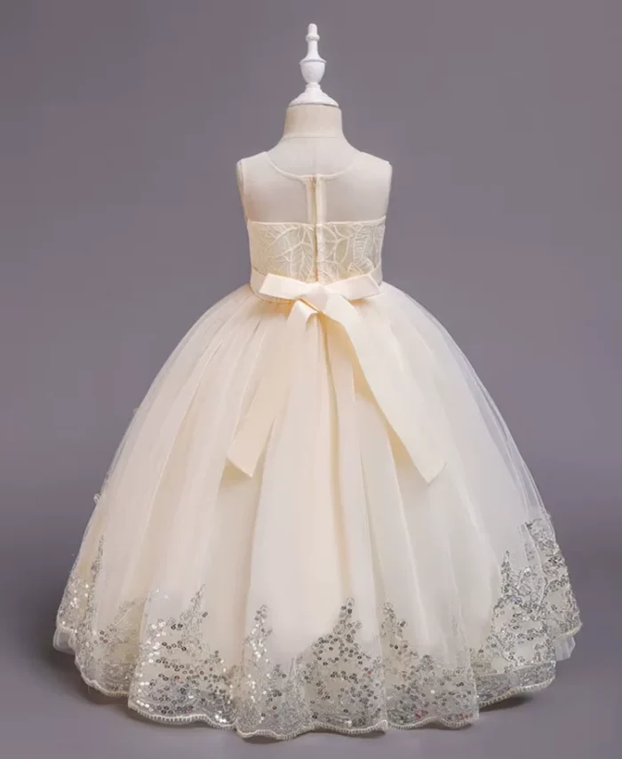 Off-White Elegant Children's sleeveless Sequined Lace Princess Party Dress - Image 3