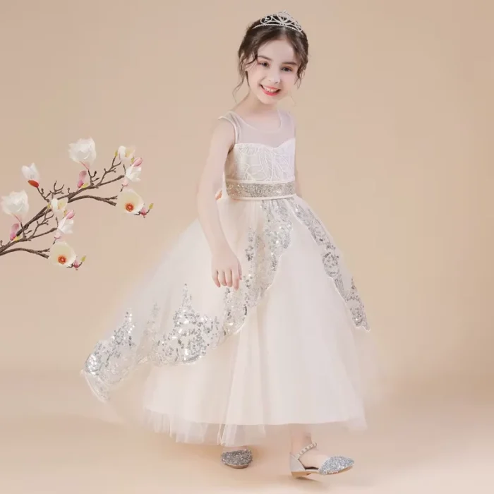 Off-White Elegant Children's sleeveless Sequined Lace Princess Party Dress - Image 2