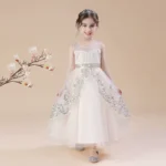 Off-White Elegant Children's sleeveless Sequined Lace Princess Party Dress - Image 4
