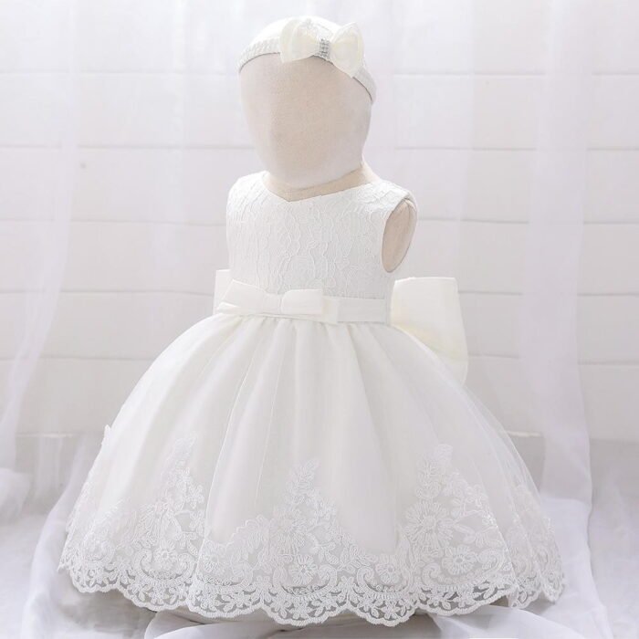 Girls Sleeveless Solid Lace Floral Dress for Infants and first Birthday Party dress, Frock - Image 2
