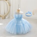 Small Girls Mesh Trailing Party Wear Dress with a matching head band | Infants Party Wear - Image 2