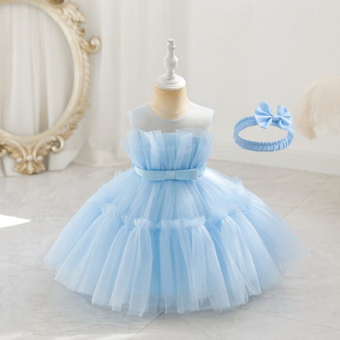 Small Girls Mesh Trailing Party Wear Dress with a matching head band | Infants Party Wear - Image 2
