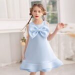 Blue Exclusive Sleeveless Girls Bow-Front Chiffon Special Occasion Party Wear Dress