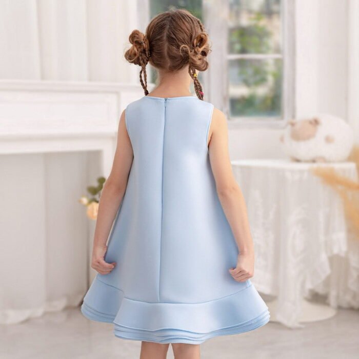 Blue Exclusive Sleeveless Girls Bow-Front Chiffon Special Occasion Party Wear Dress - Image 4