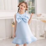 Blue Exclusive Sleeveless Girls Bow-Front Chiffon Special Occasion Party Wear Dress - Image 3